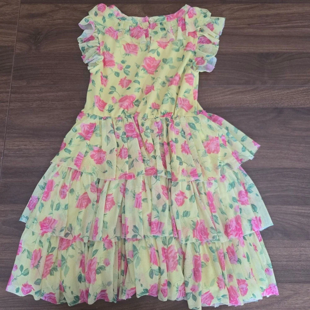Betsey Johnson Girls Yellow Pink Floral‎ Mesh Tiered Dress Flutter Sleeve 6X